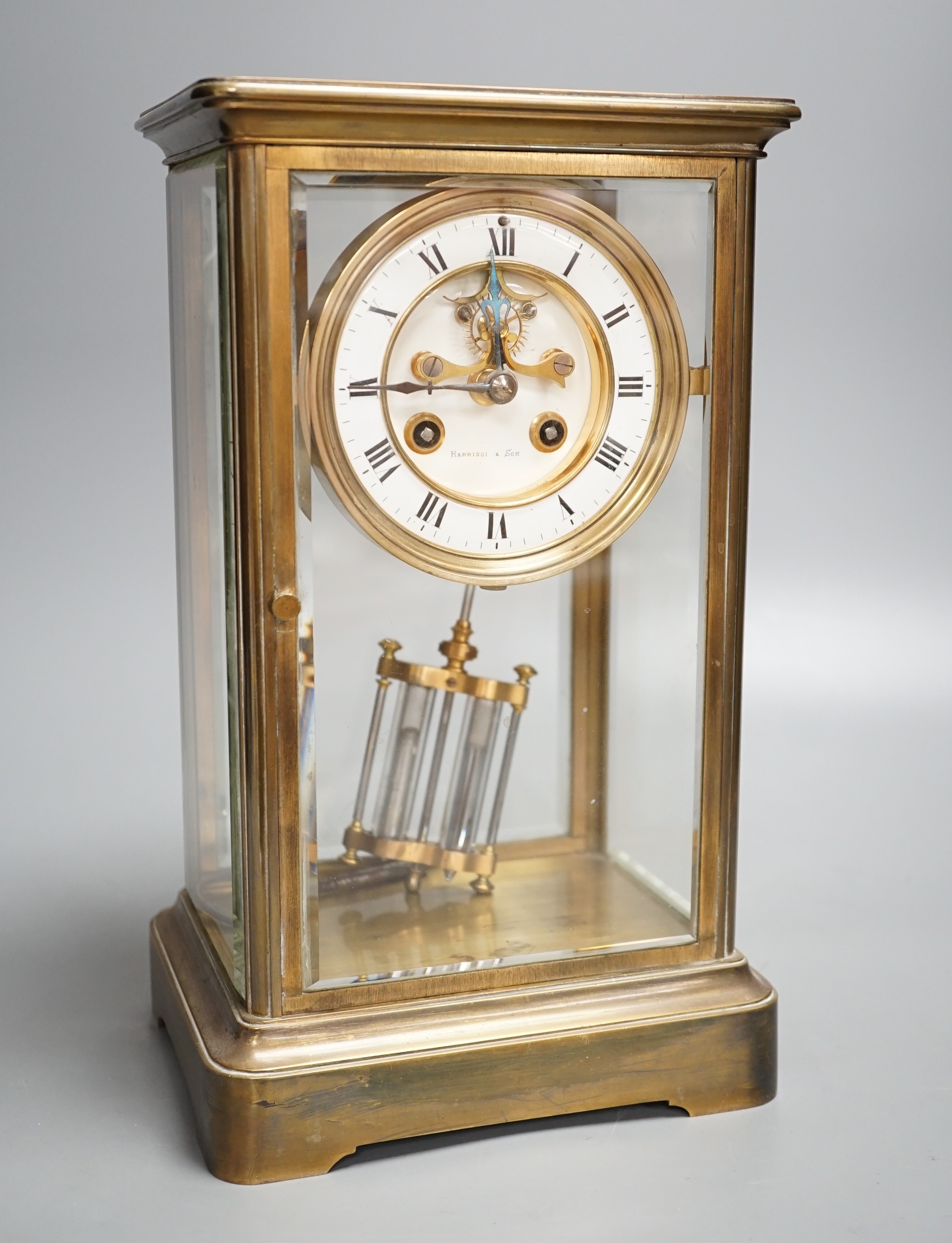 A late 19th century French four glass mantel clock with S.Marti movement, mercury pendulum & key. 30cm